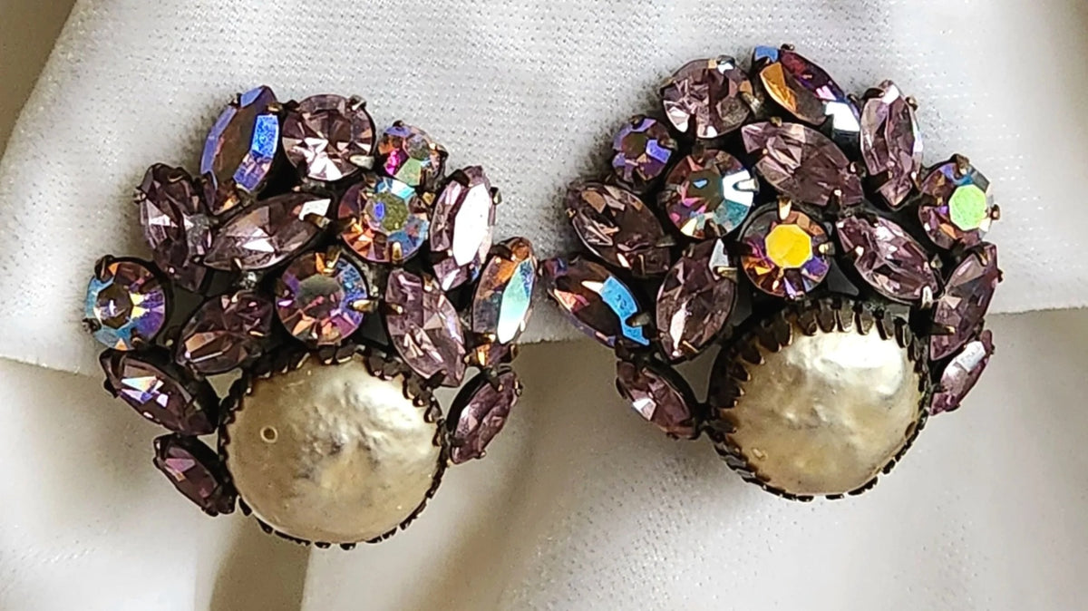 Huge Regency Mabe Faux Pearl & Lavender AB Rhinestone Earrings
