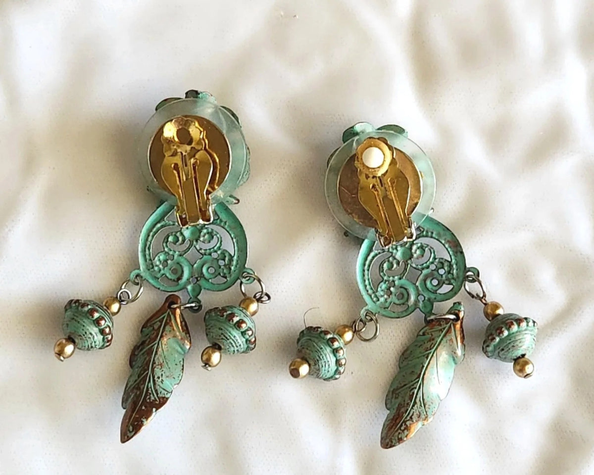 Rococo Green Verdigris Patina Chandelier Earrings