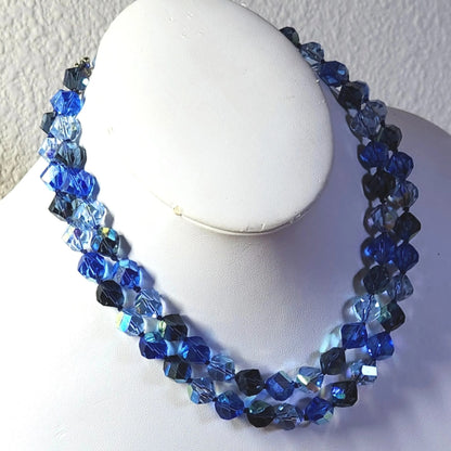 1960s Faceted Aurora Borealis Blue Glass Bead Double Strand Necklace