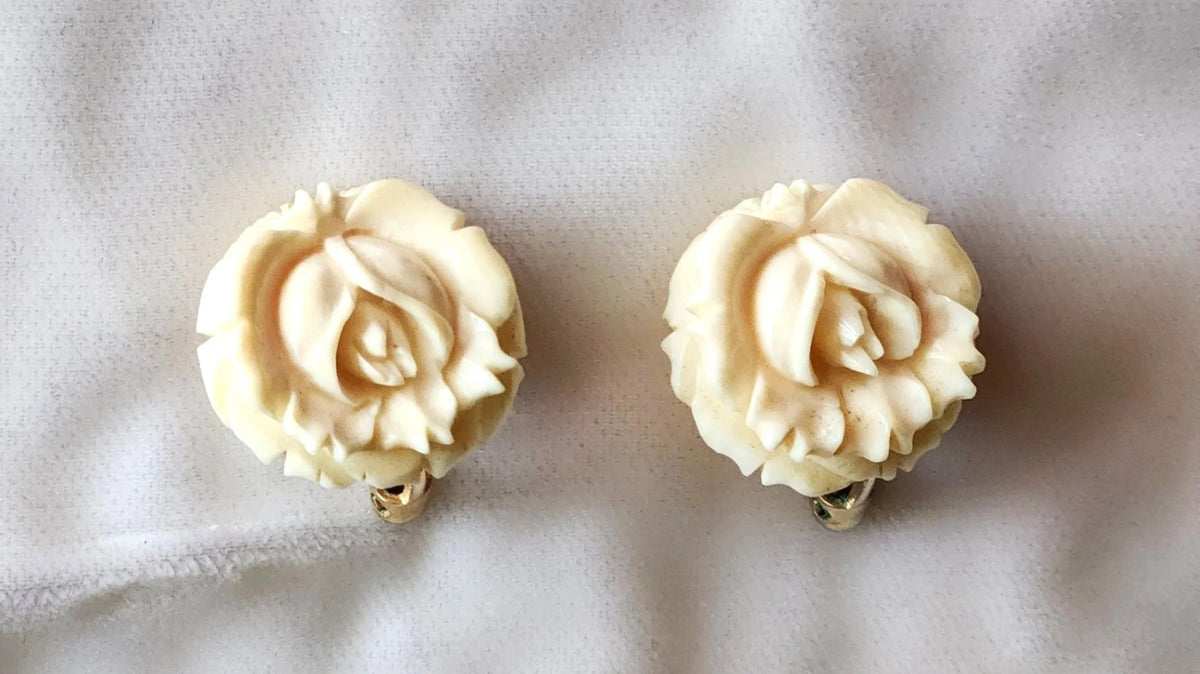 1960s Carved Plastic Faux Ivory Rose Motif Earrings