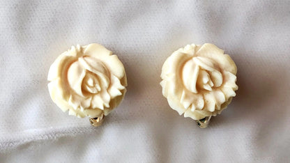 1960s Carved Plastic Faux Ivory Rose Motif Earrings