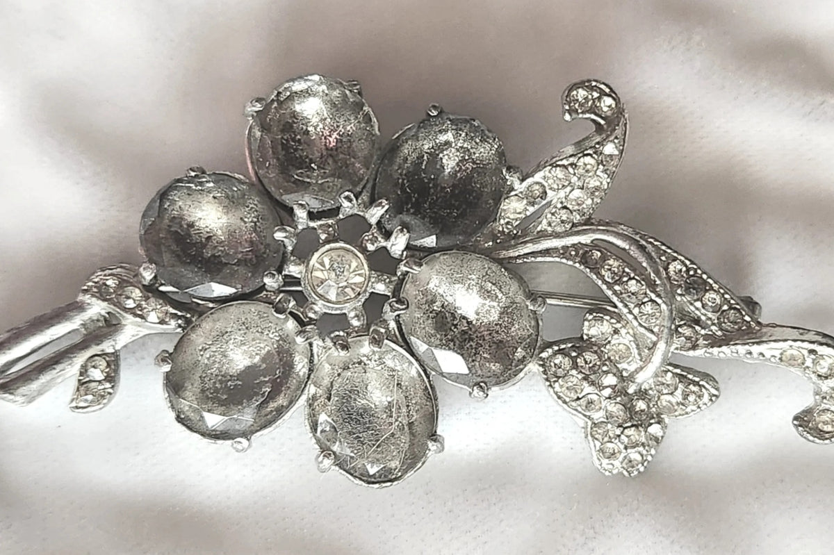 1930s Pot Metal Rhinestone Flower Brooch