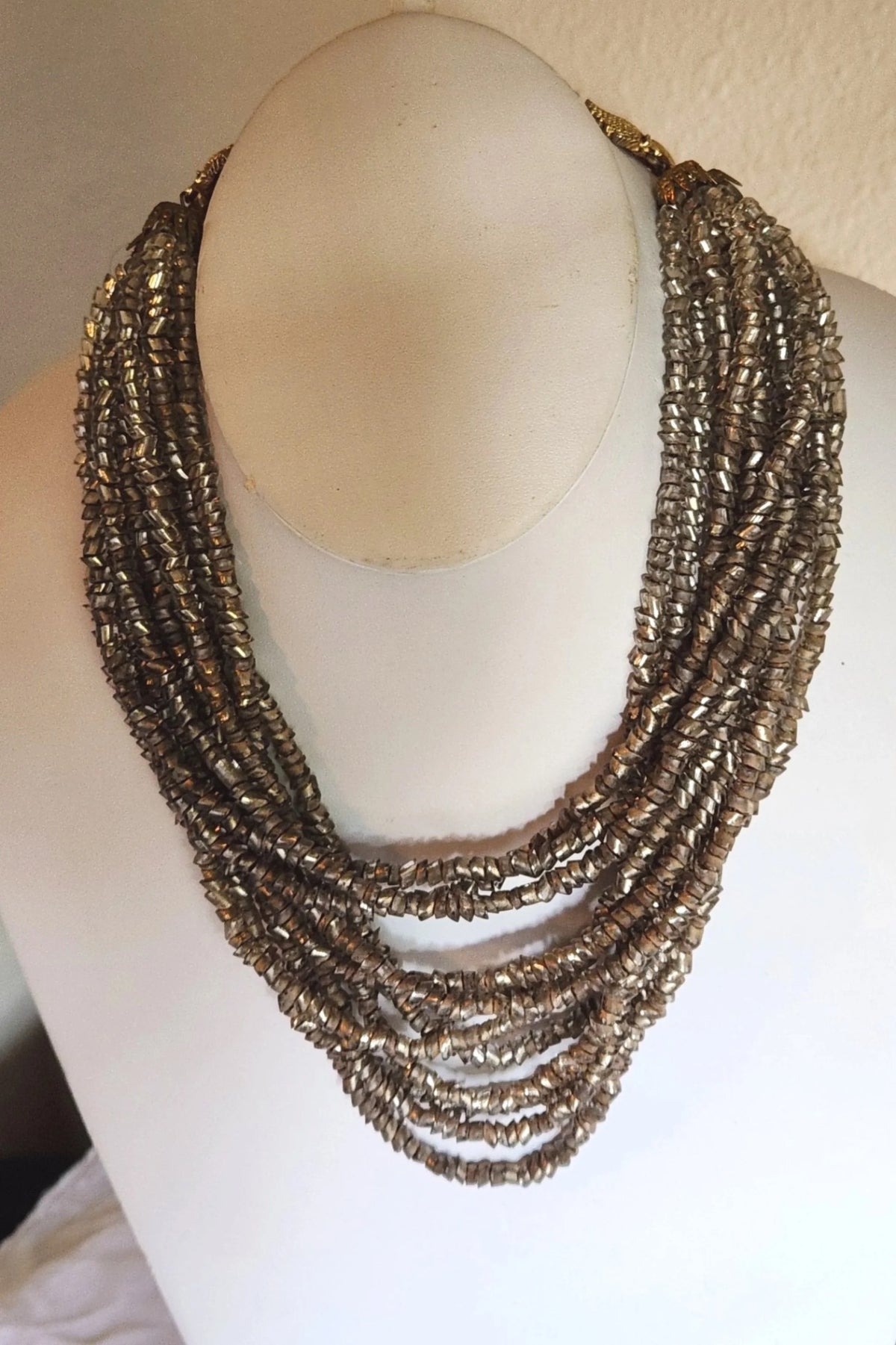 1950s Silver Foiled Glass Angle Cut Tube Bead Bib Necklace - 12 Strands