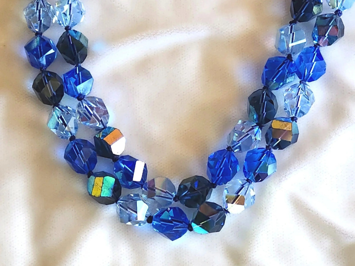1960s Faceted Aurora Borealis Blue Glass Bead Double Strand Necklace