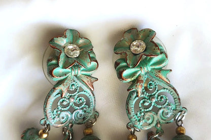 Rococo Green Verdigris Patina Chandelier Earrings
