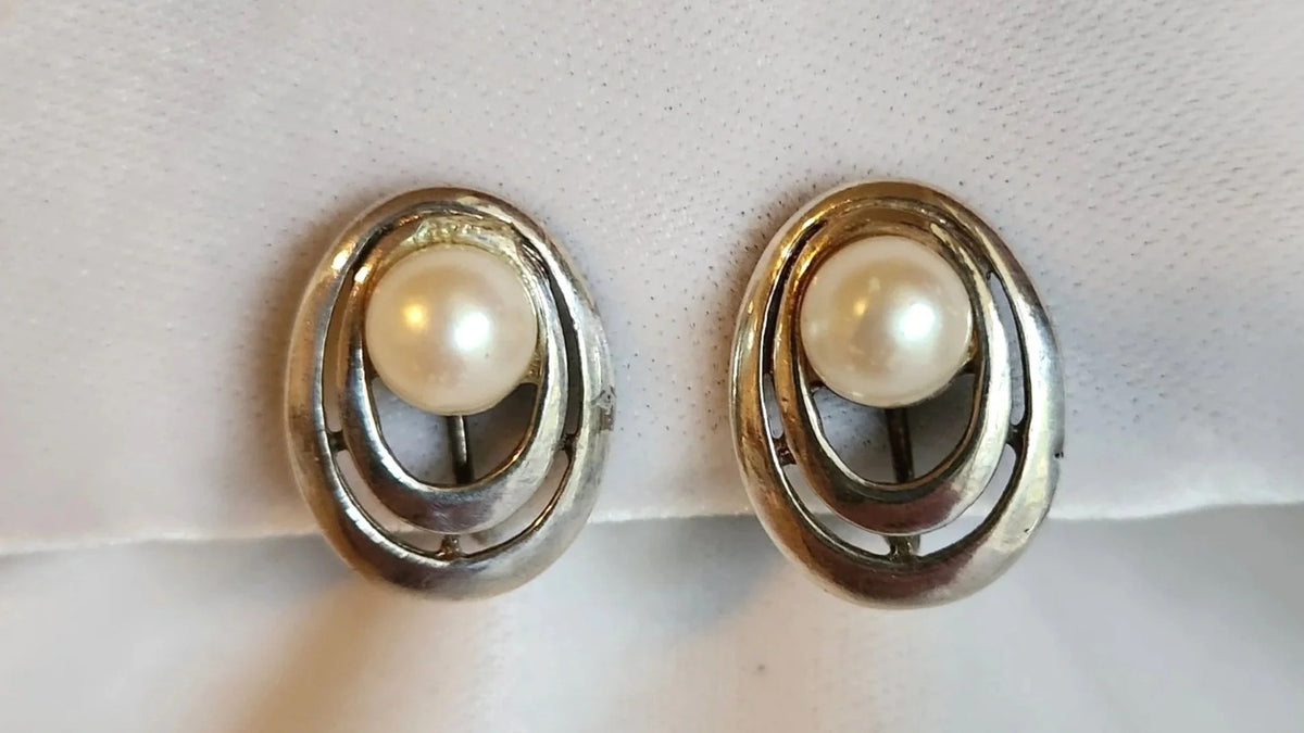 1965 Faux Pearl Silver Orbits Earrings