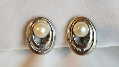 1965 Faux Pearl Silver Orbits Earrings