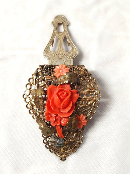 1930s Large Faux Coral Filigree Dress Clip