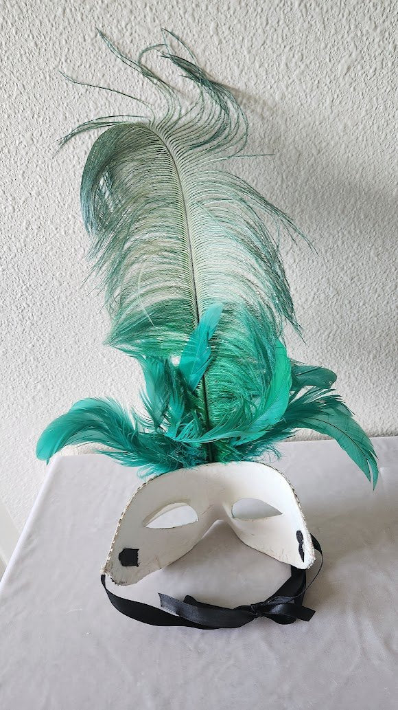 Green Italian Feathered Half Mask Handpainted & Decorated