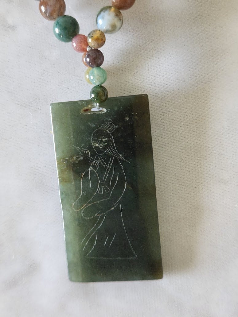 Chinese Etched Jade & Semiprecious Gemstone Bead Necklace