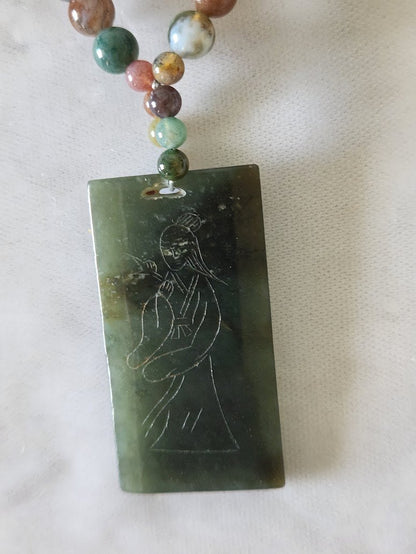 Chinese Etched Jade & Semiprecious Gemstone Bead Necklace
