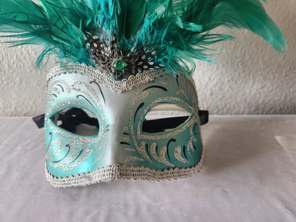 Green Italian Feathered Half Mask Handpainted & Decorated