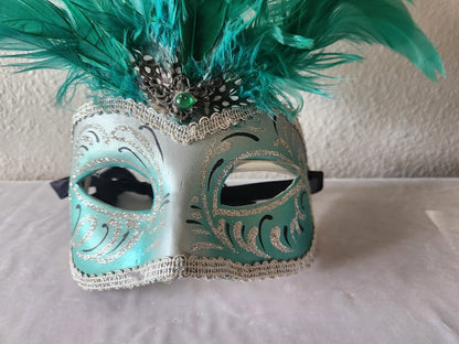 Green Italian Feathered Half Mask Handpainted & Decorated