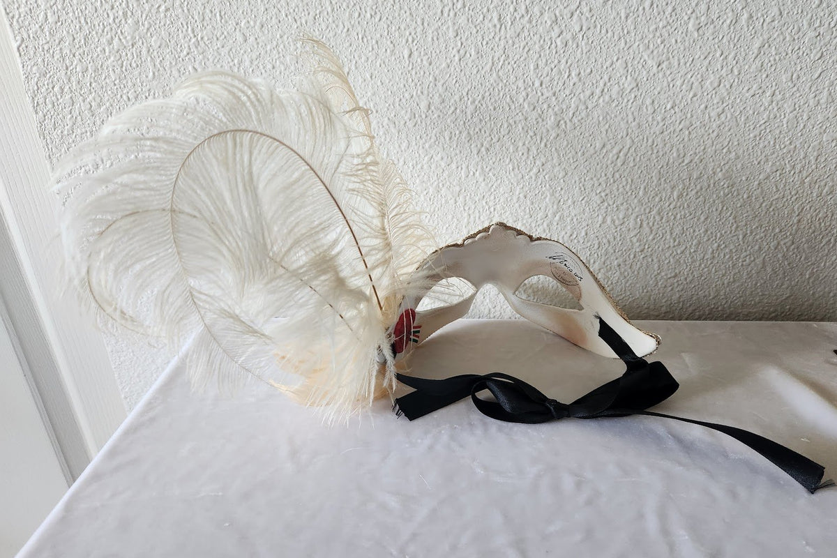 White Venetian Feathered Half Mask Handpainted & Decorated - Pier 1 Signed