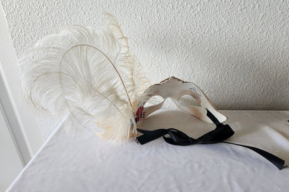 White Venetian Feathered Half Mask Handpainted & Decorated - Pier 1 Signed