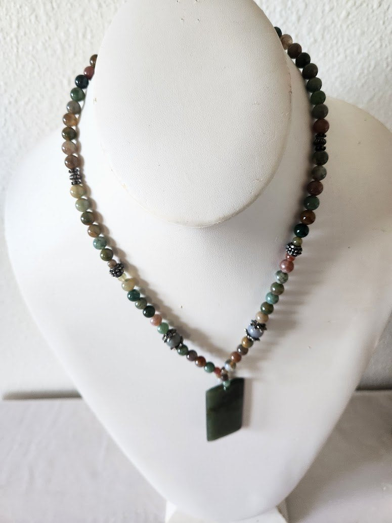 Chinese Etched Jade & Semiprecious Gemstone Bead Necklace
