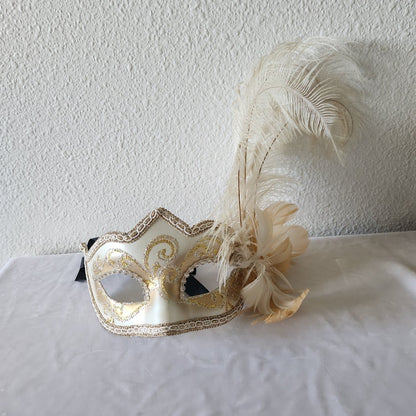 White Venetian Feathered Half Mask Handpainted & Decorated - Pier 1 Signed