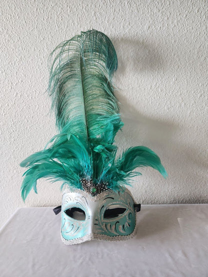 Green Italian Feathered Half Mask Handpainted & Decorated