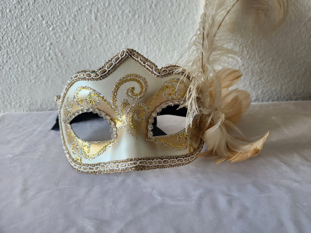 White Venetian Feathered Half Mask Handpainted & Decorated - Pier 1 Signed