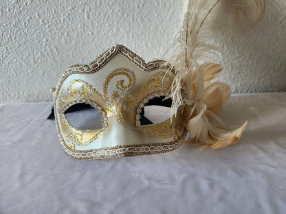 White Venetian Feathered Half Mask Handpainted & Decorated - Pier 1 Signed