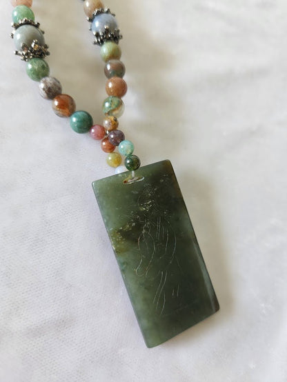 Chinese Etched Jade & Semiprecious Gemstone Bead Necklace