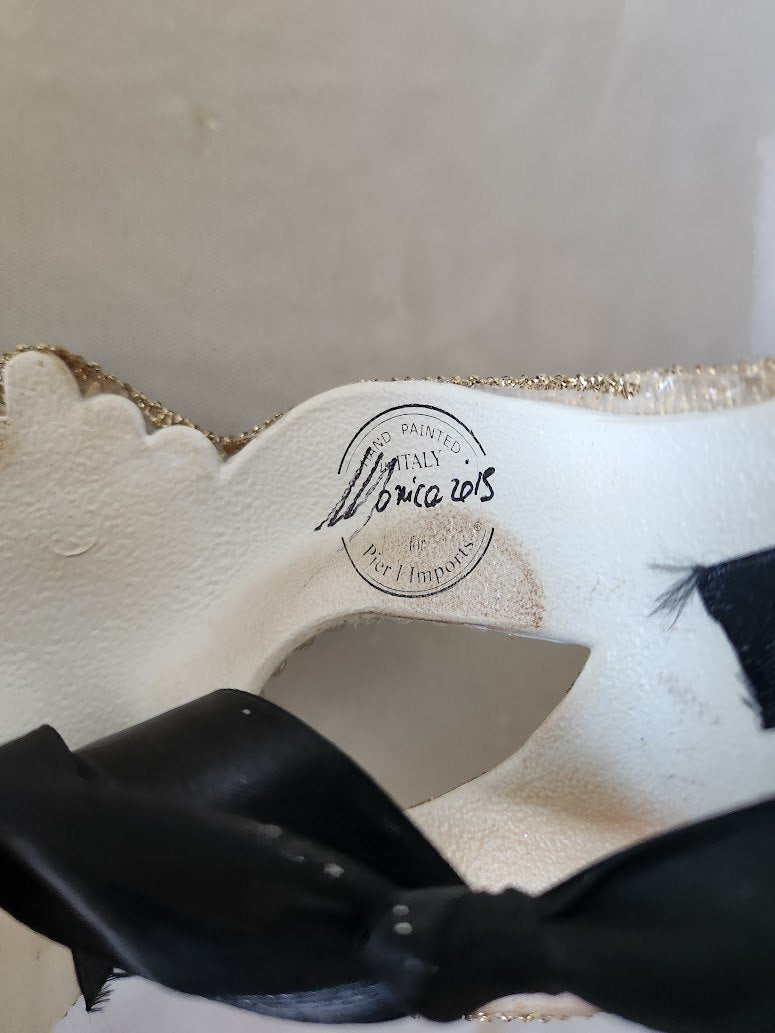 White Venetian Feathered Half Mask Handpainted & Decorated - Pier 1 Signed