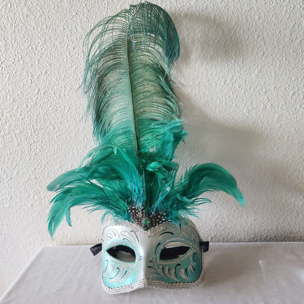 Green Italian Feathered Half Mask Handpainted & Decorated
