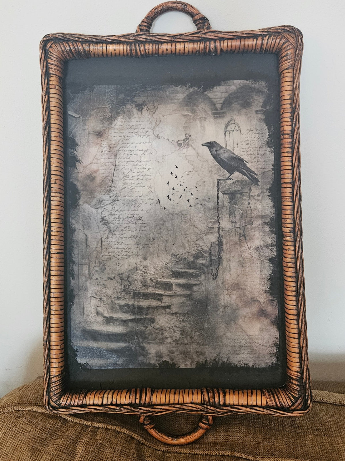 Large woven tray w/raven  13x20 in approx
