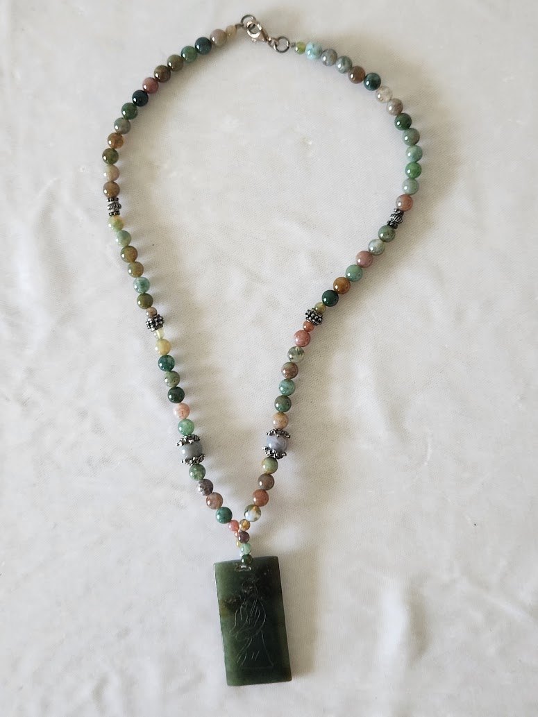 Chinese Etched Jade & Semiprecious Gemstone Bead Necklace