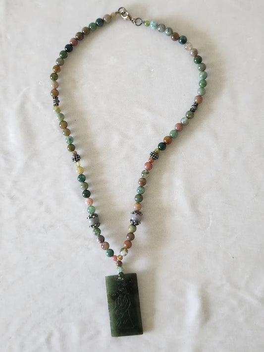 Chinese Etched Jade & Semiprecious Gemstone Bead Necklace