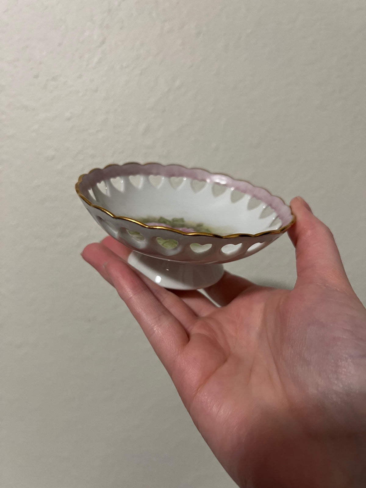 Floral Pedestal Trinket Dish with Heart Cutouts