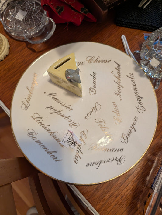 Vintage Cheese Plate with Mouse Toothpick Holder