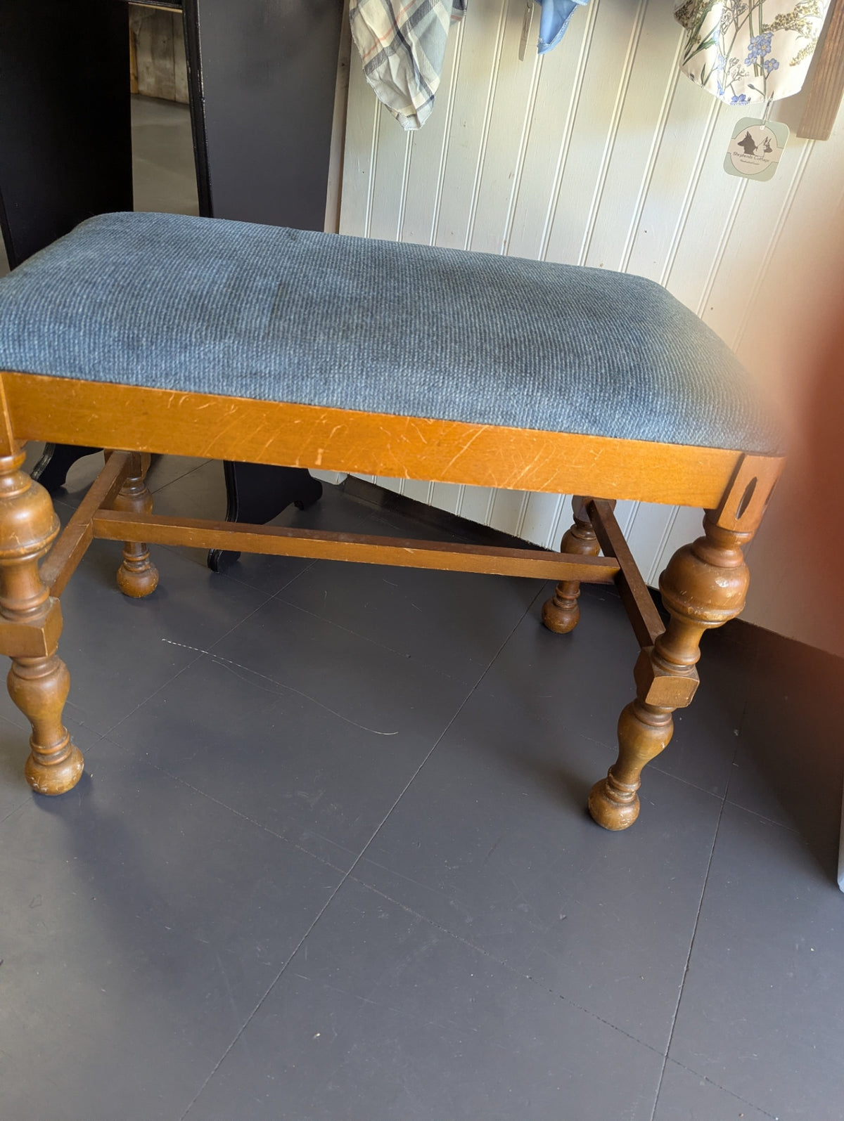 Vtg. Wooden Bench with Blue Cushion