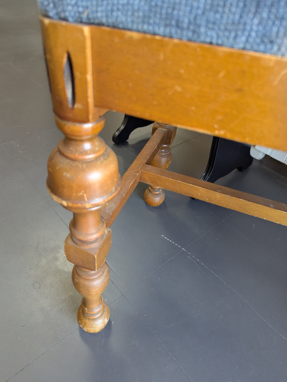 Vtg. Wooden Bench with Blue Cushion