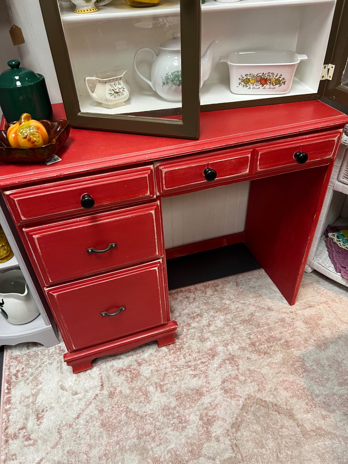 Red Painted Wood Desk and Upholstered Chair
