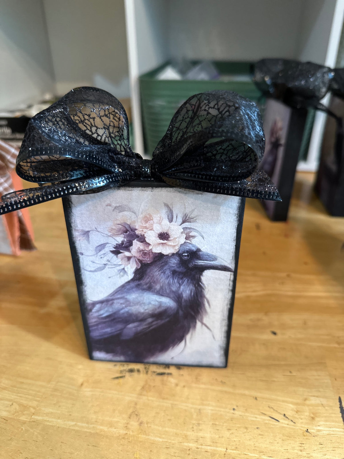 Wood block with raven