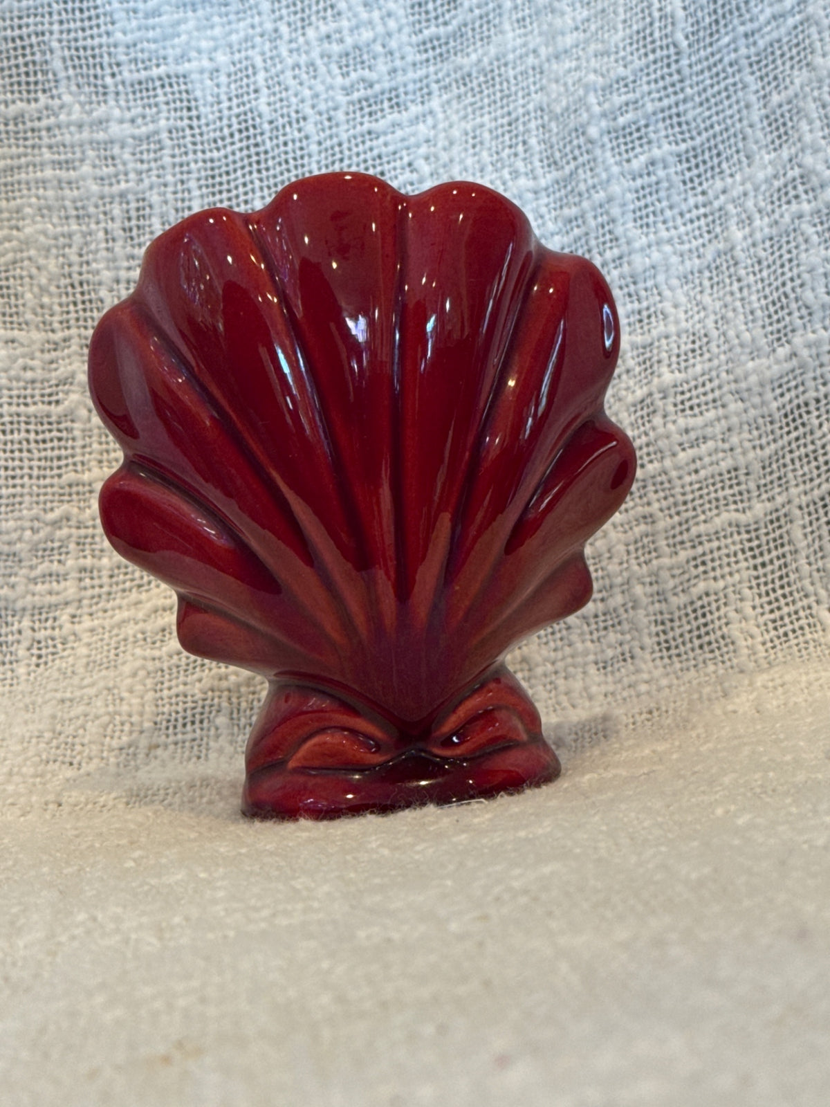 Mid century red California pottery shell vase 