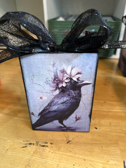 Wood block with raven