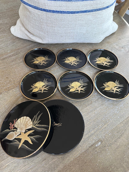 Vintage Otagıri Japan black lacquer seaside coaster set 