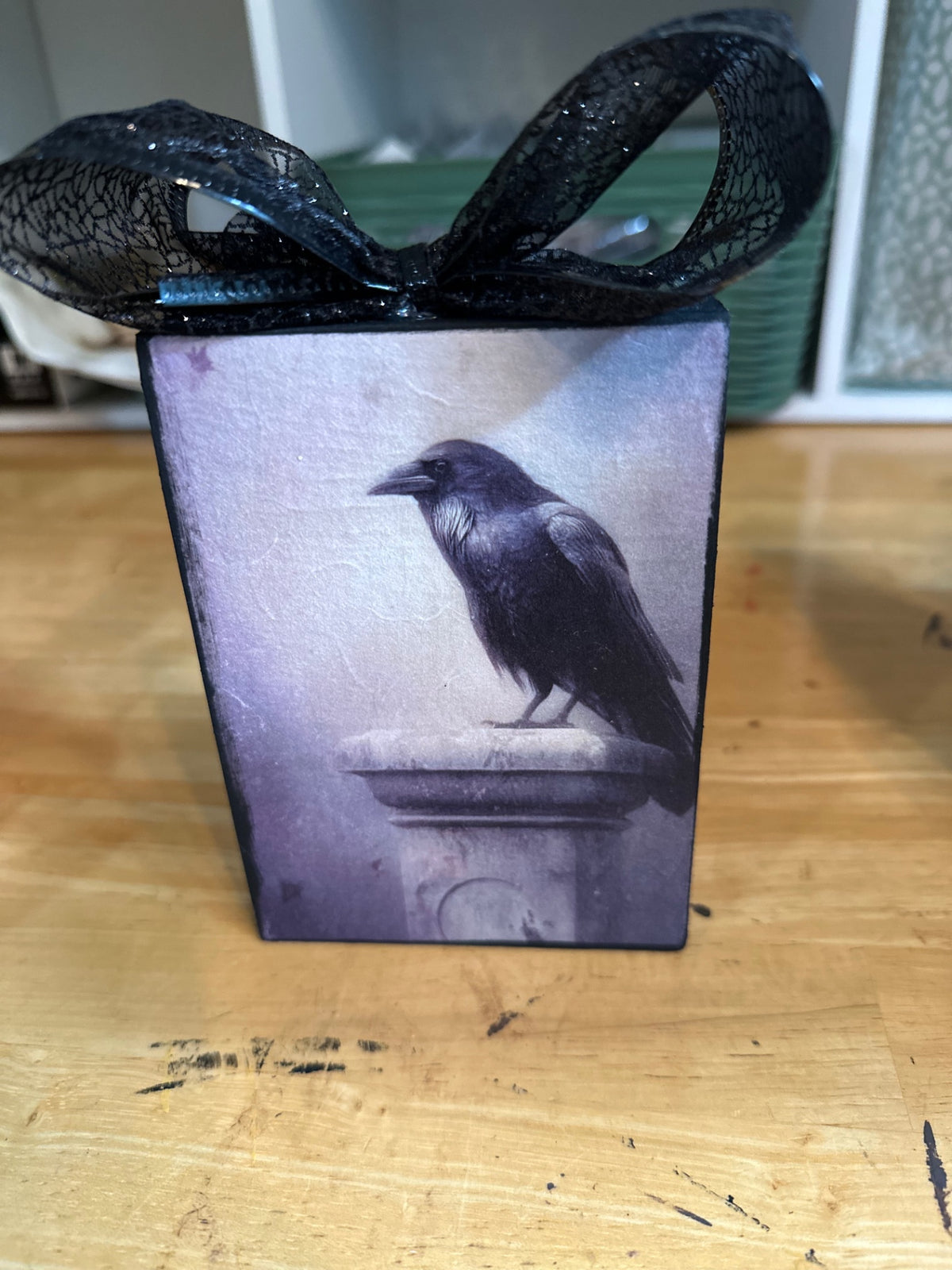 Wood block with raven