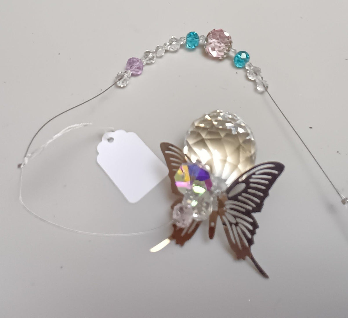 Large Hanging Crystal w/Silver Butterfly