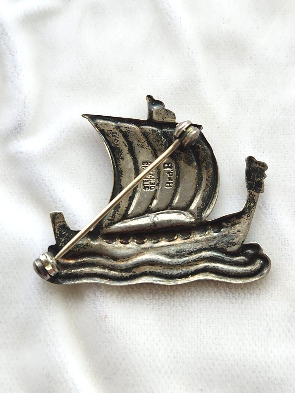Midcentury Danish Brodrene Bjorklund Enameled Sterling Viking Ship Pin