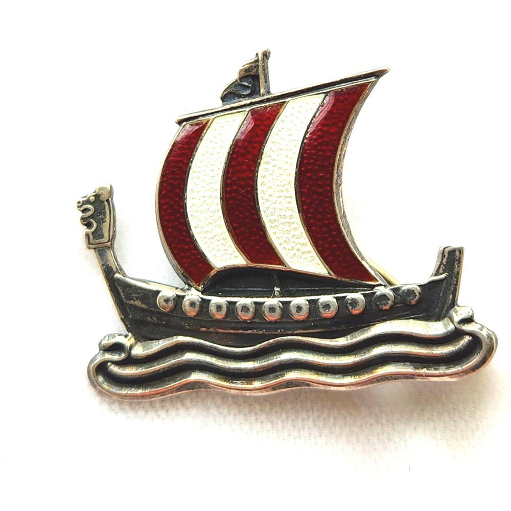 Midcentury Danish Brodrene Bjorklund Enameled Sterling Viking Ship Pin