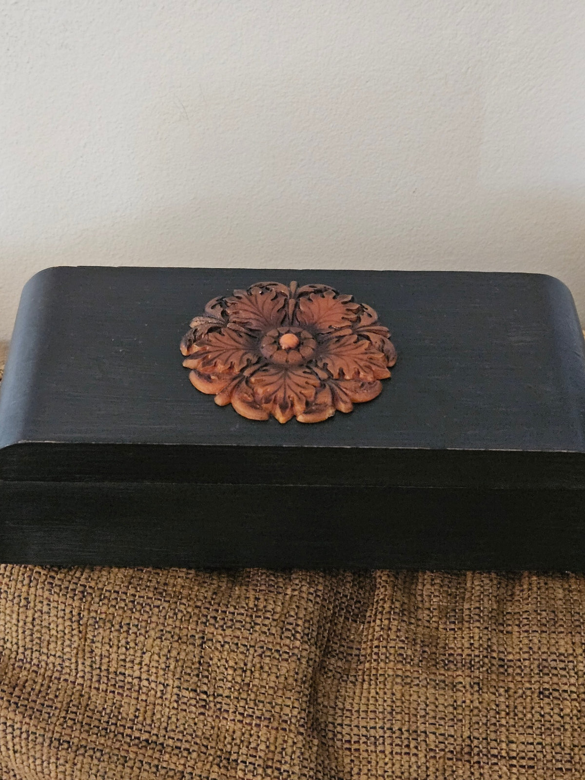 Vint hinged wood box/black with ornate orange deco 4x8 in approx8