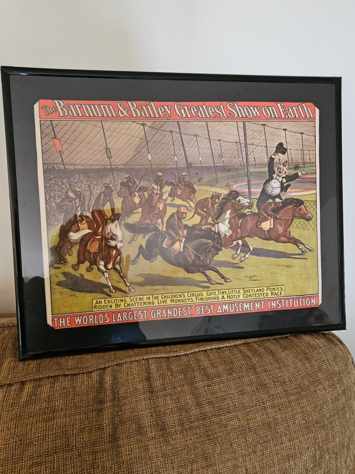 Monkeys racing horses vint Barnum Baily poster c. 1960 16x20 approx