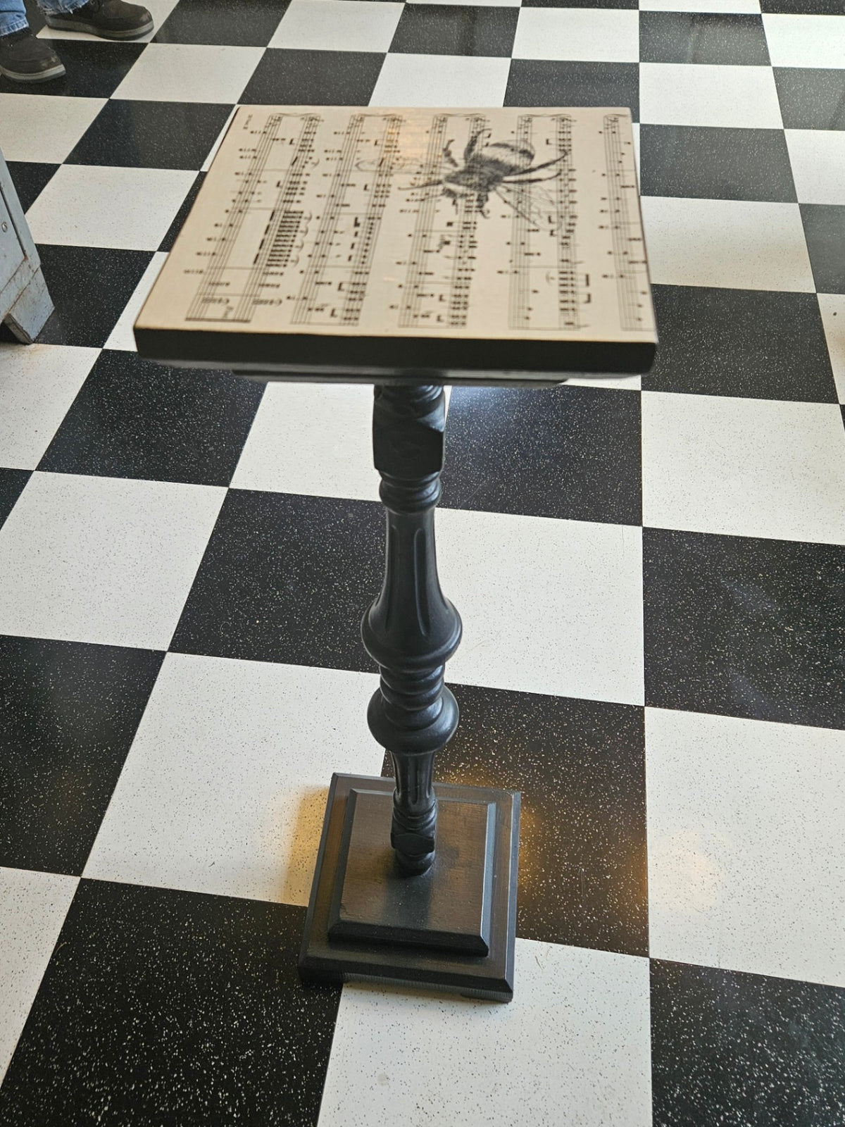 Small black wood pedestal table/sheet music deco top 32 in tall approx