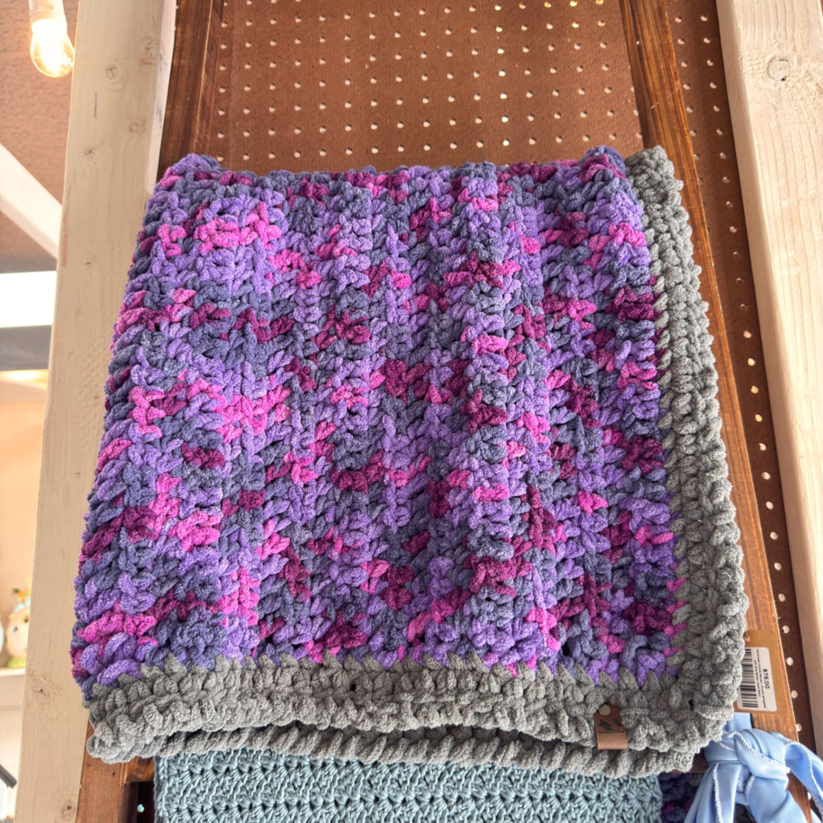 Handmade Crochet Blanket – Purple Variegated with Gray Border (Vault Sale!)
