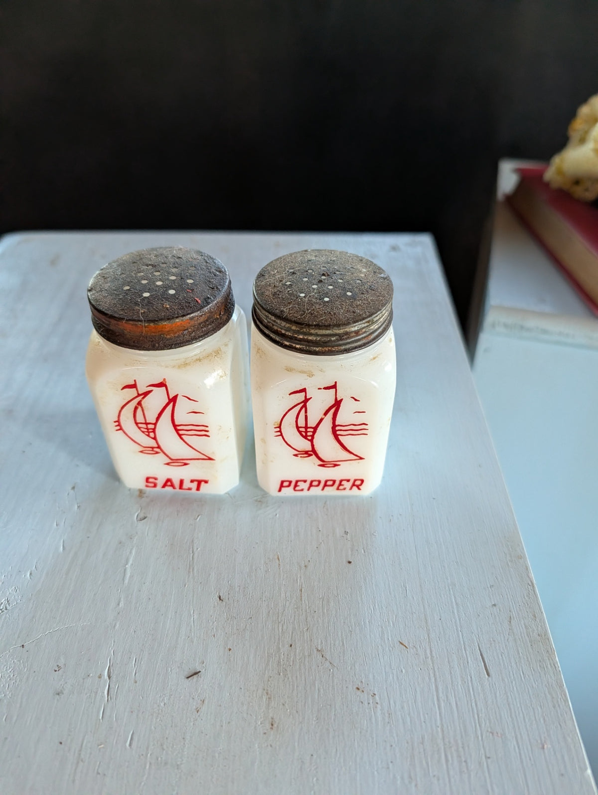 Vintage Milk Glass Sailboat Salt and Pepper Set