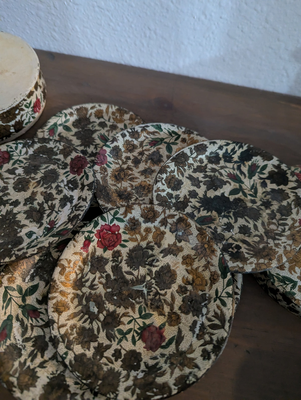 Vtg. Japanese Floral Paper-Mache Coaster Set (8)