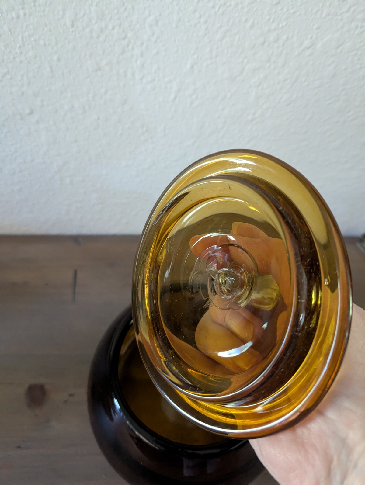 Vtg. Amber Glass Lidded "Pumpkin" Shape Hand-Blown Dish